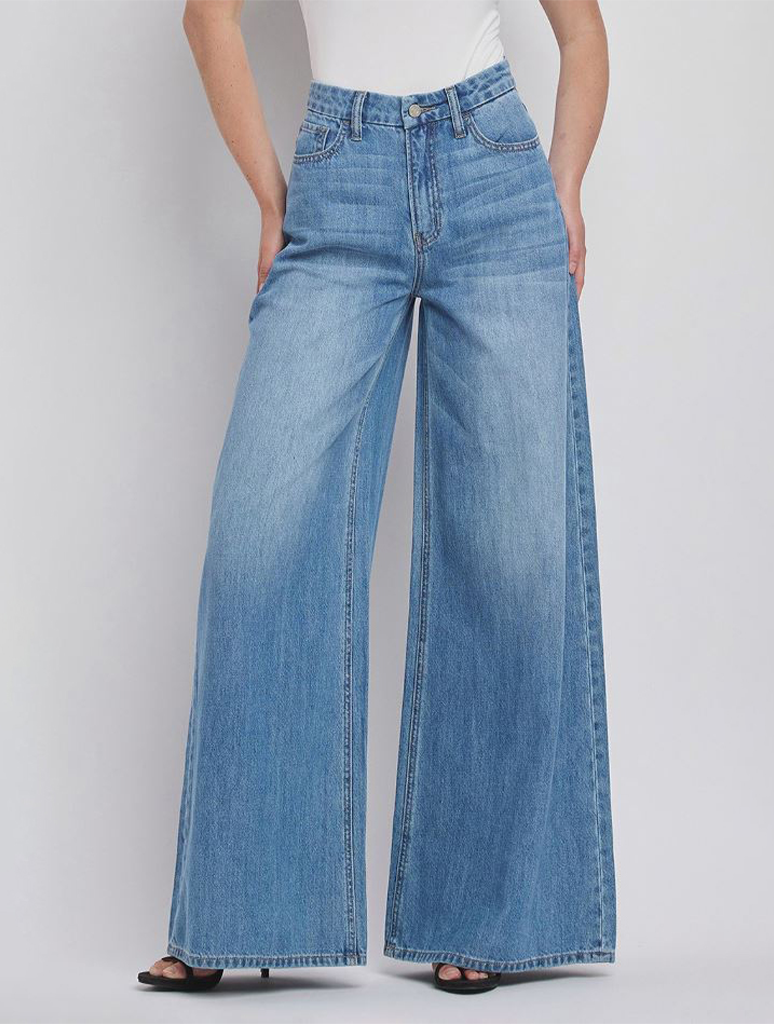 Vervet Super High Rise Wide Leg Jeans in light wash, shown front and back styles