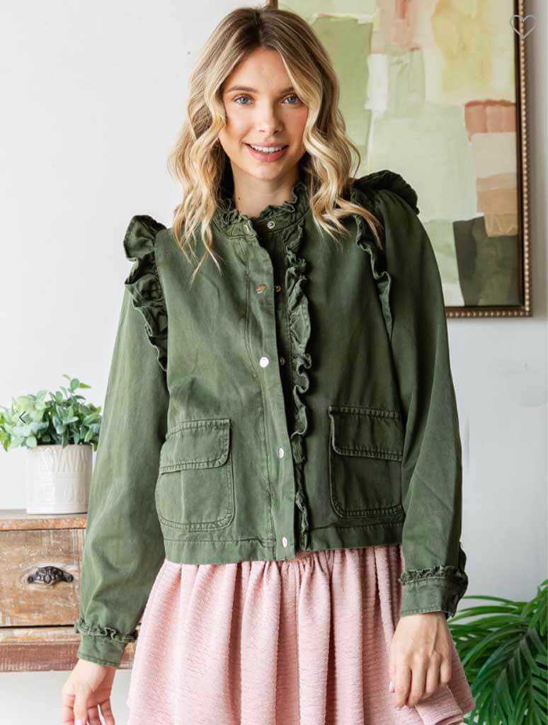 Veveret Ruffled Trim women’s button up jacket with ruffle detail and cargo pockets