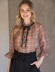 Contrast Front Tie Plaid Button Down Blouse