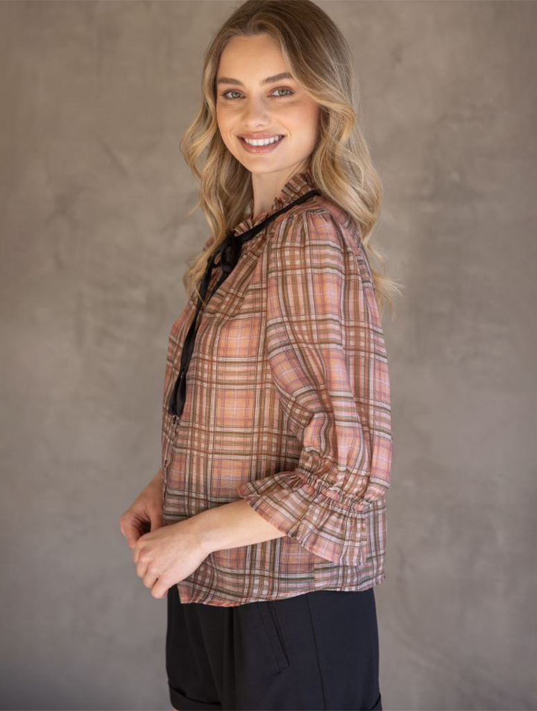 Contrast Front Tie Plaid Button Down Blouse