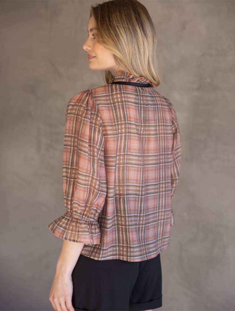 Contrast Front Tie Plaid Button Down Blouse