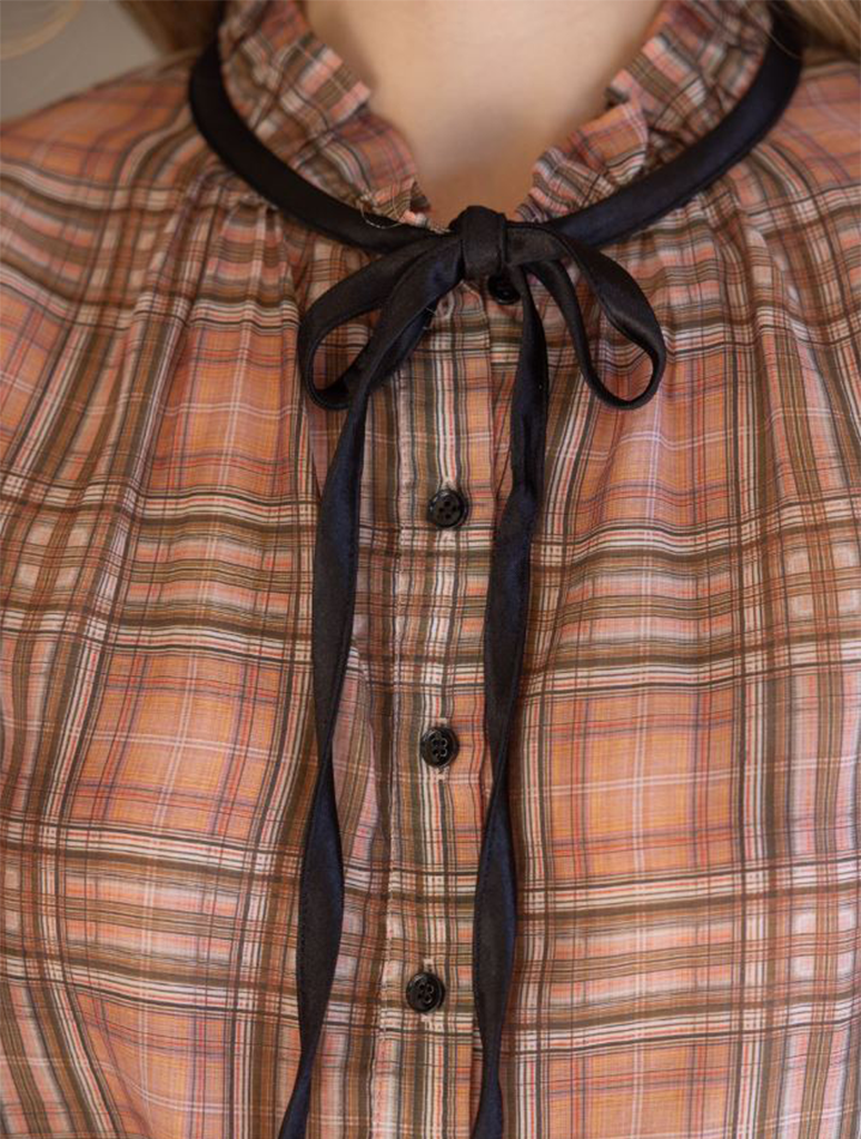 Contrast Front Tie Plaid Button Down Blouse