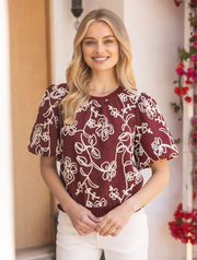 Floral Embroidered Short Bubble Sleeve Top