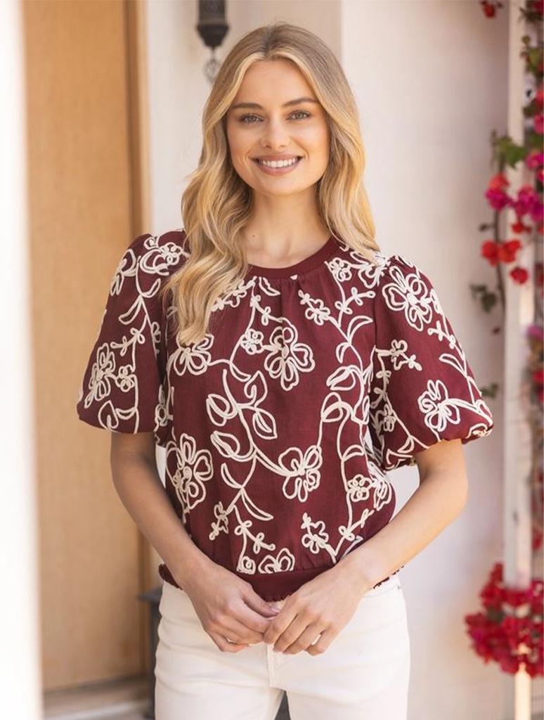 Floral Embroidered Short Bubble Sleeve Top