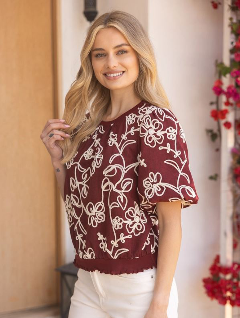 Floral Embroidered Short Bubble Sleeve Top