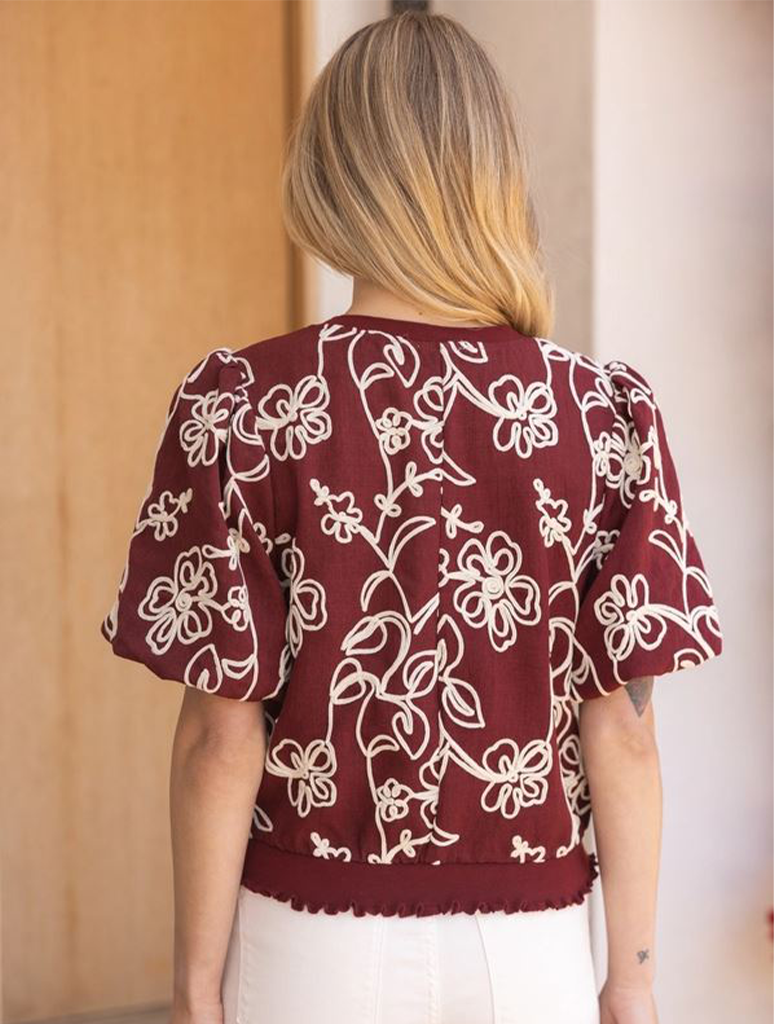 Floral Embroidered Short Bubble Sleeve Top