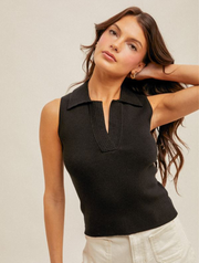 Collared Ribbed V-Neck Sweater Tank