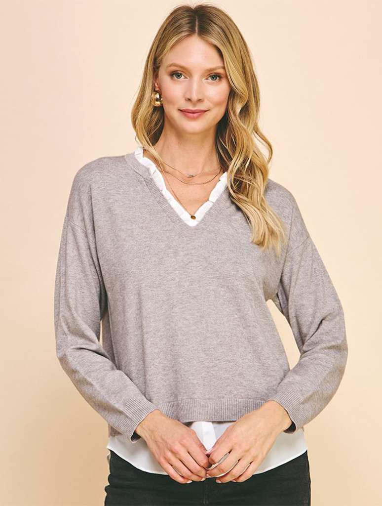 V-Neck Knit Woven Combo Top