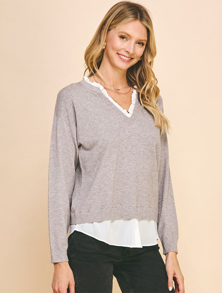 V-Neck Knit Woven Combo Top