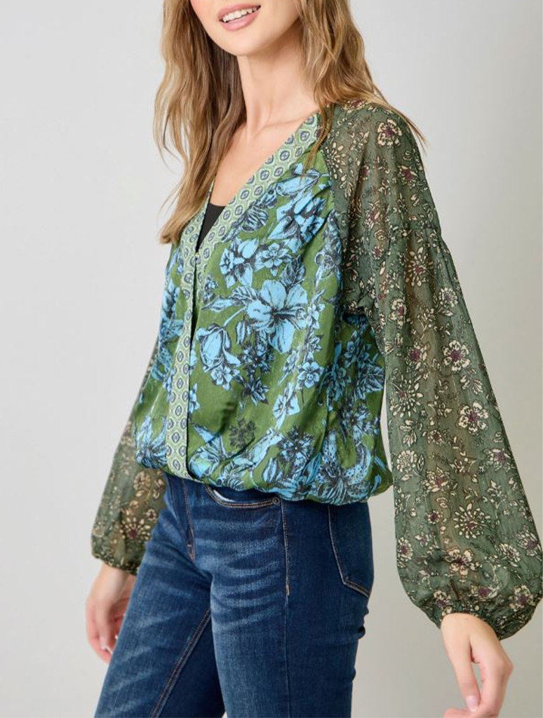 Mixed Print Long Sleeve Blouse