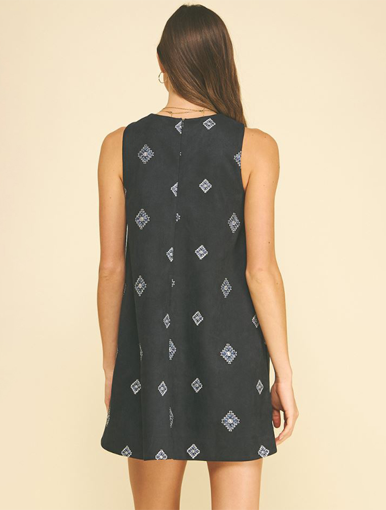 Embroidered Suede A-Line Mini Dress