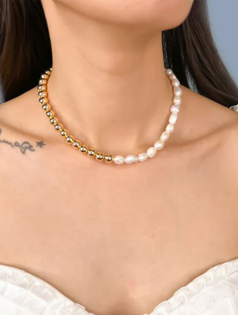 Half Genuine Pearl Half Beaded Necklace