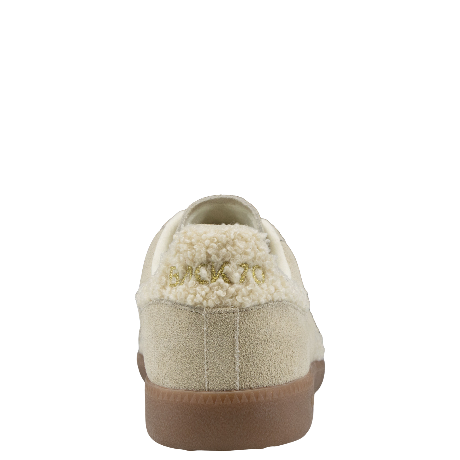 Back view of cream sherpa retro sneaker with BACK 70 embroidered heel