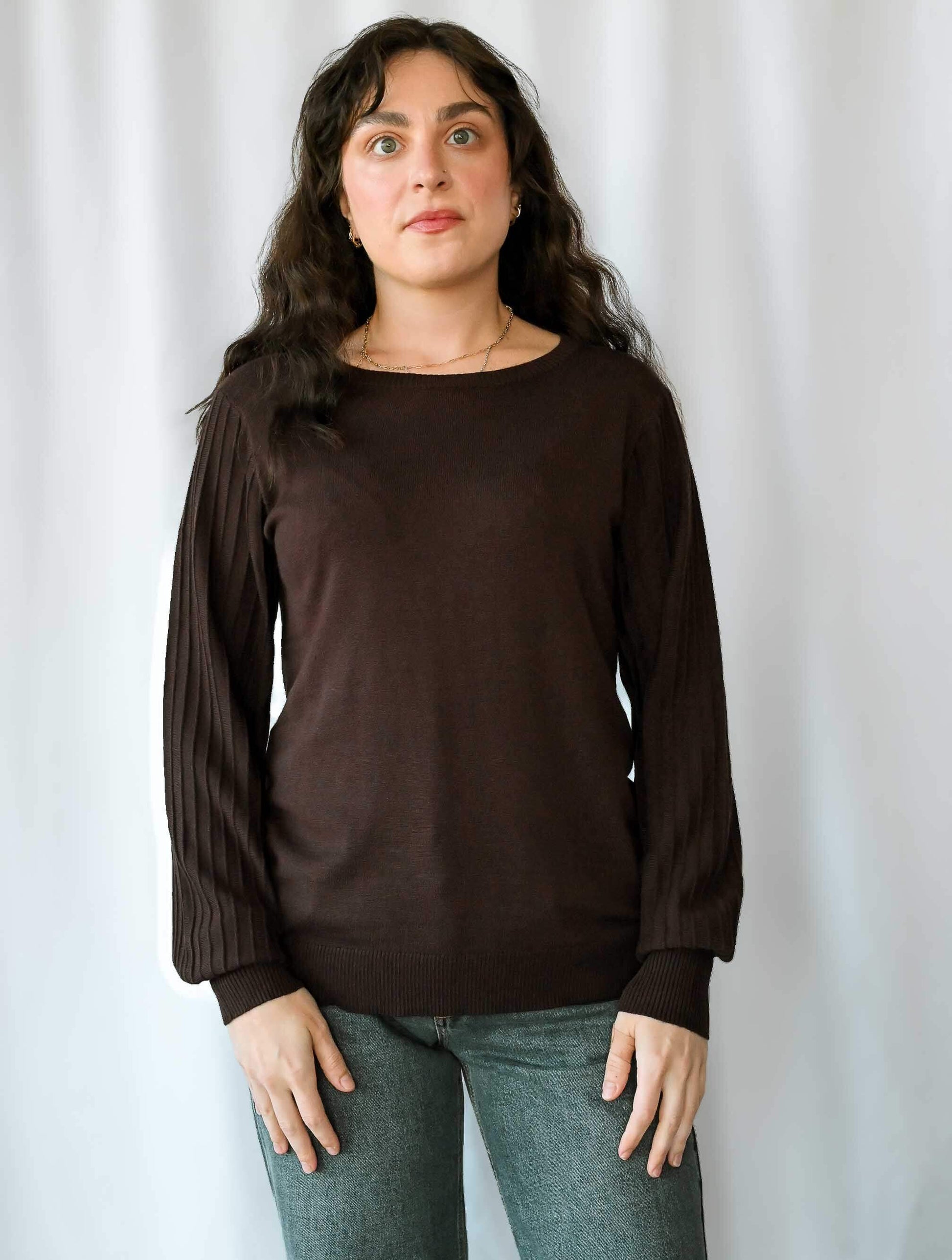 Crewneck Sweater with Pleated Sleeves