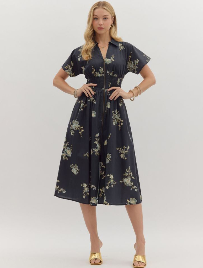 Floral Print Zip Front Short Sleeve Dress