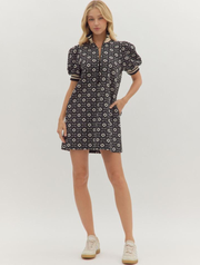 Floral Textured Short Puff Sleeve Mini Dress