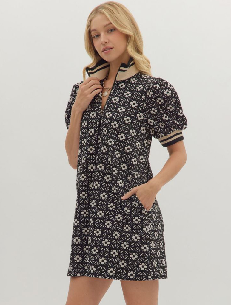 Floral Textured Short Puff Sleeve Mini Dress