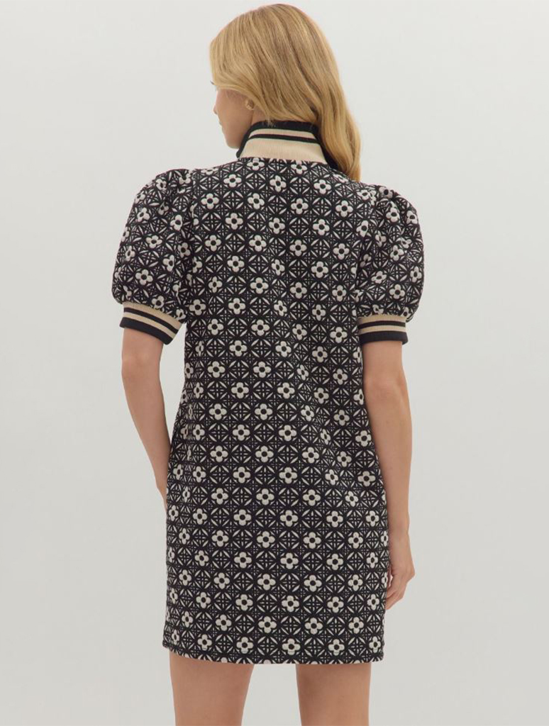 Floral Textured Short Puff Sleeve Mini Dress