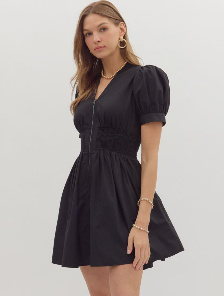 V-Neck Zip Up Short Dress