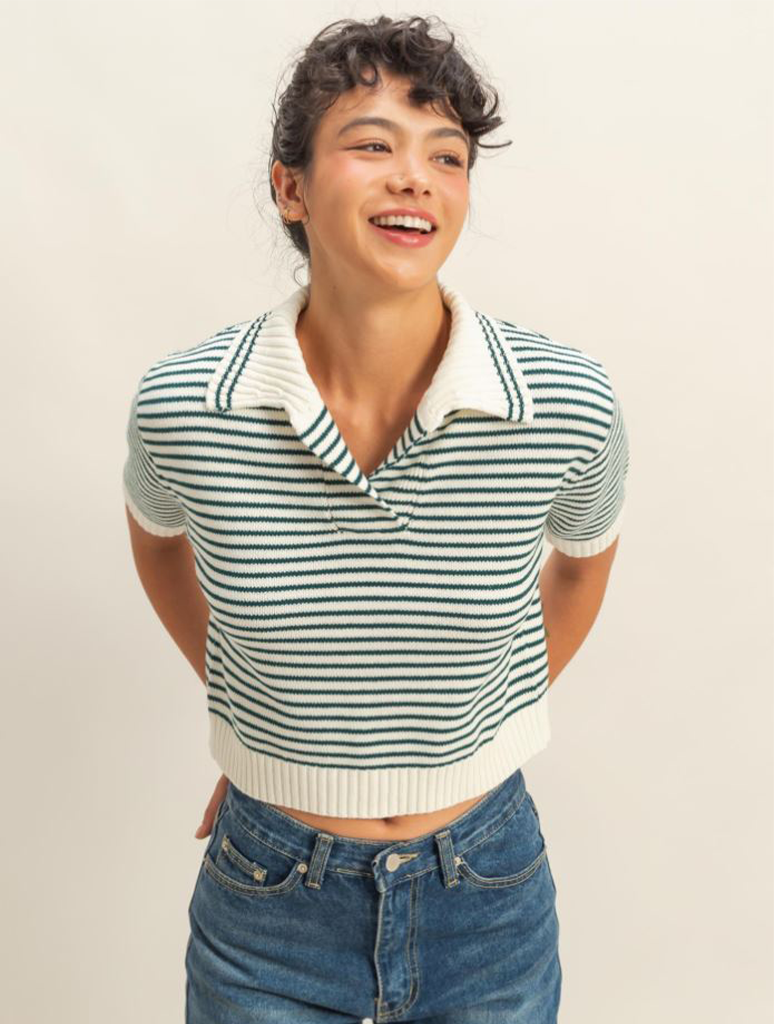 Striped Collared Short Sleeve Knit Top