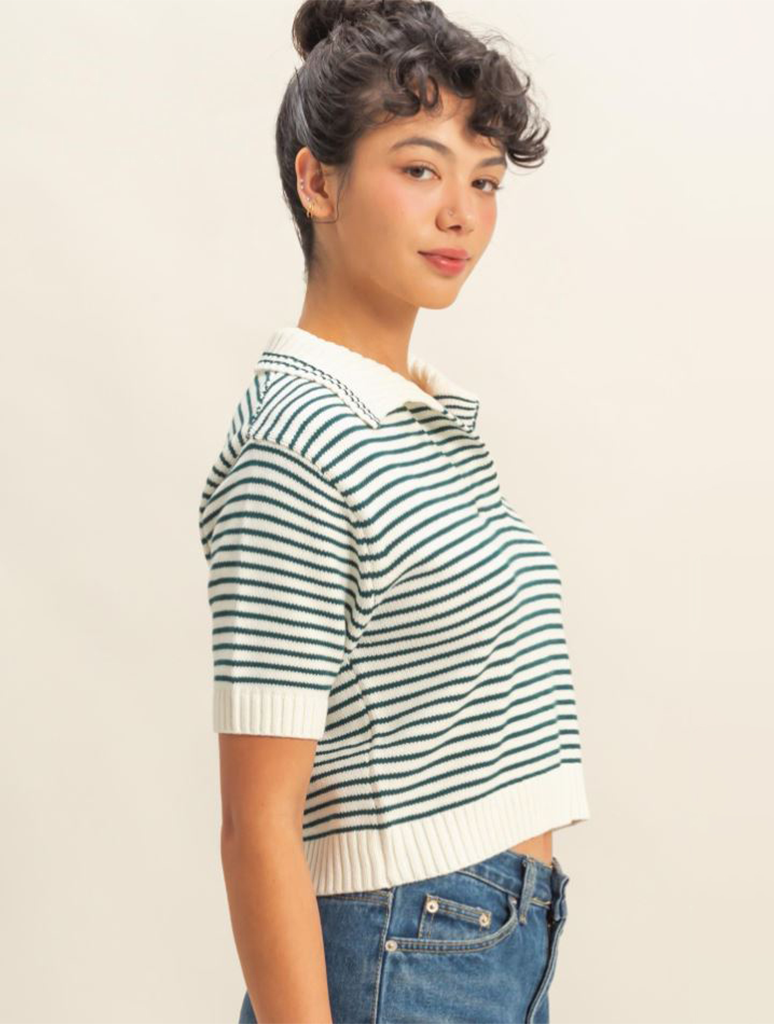 Striped Collared Short Sleeve Knit Top