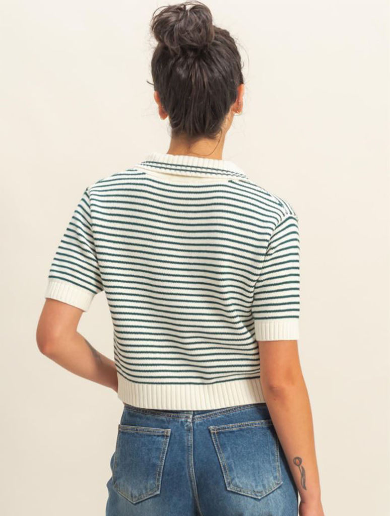 Striped Collared Short Sleeve Knit Top