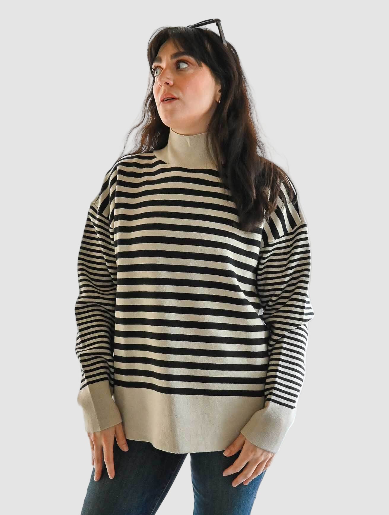 Striped Mock Neck Drop Shoulder Sweater