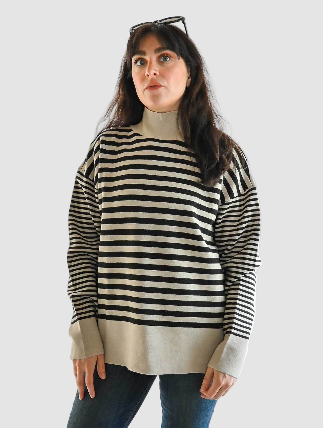 Striped Mock Neck Drop Shoulder Sweater