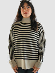 Striped Mock Neck Drop Shoulder Sweater