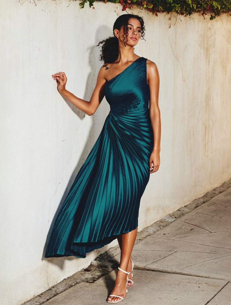 Olympia Asymmetrical Pleated Maxi Dress