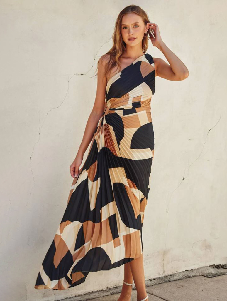 Olympia Asymmetrical Pleated Maxi Dress