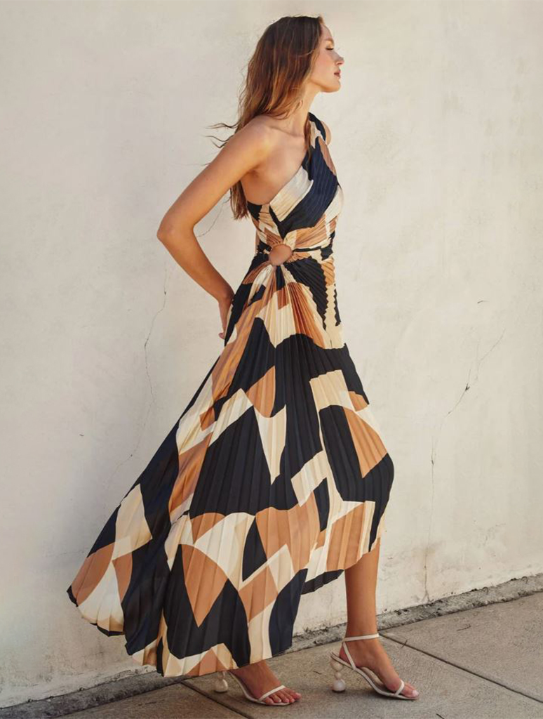 Olympia Asymmetrical Pleated Maxi Dress