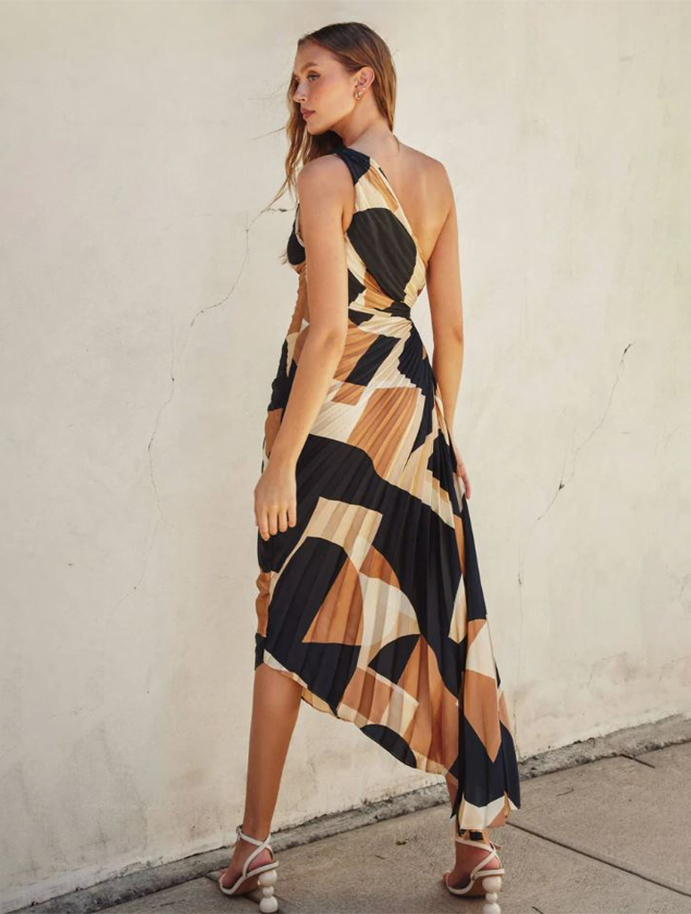 Olympia Asymmetrical Pleated Maxi Dress