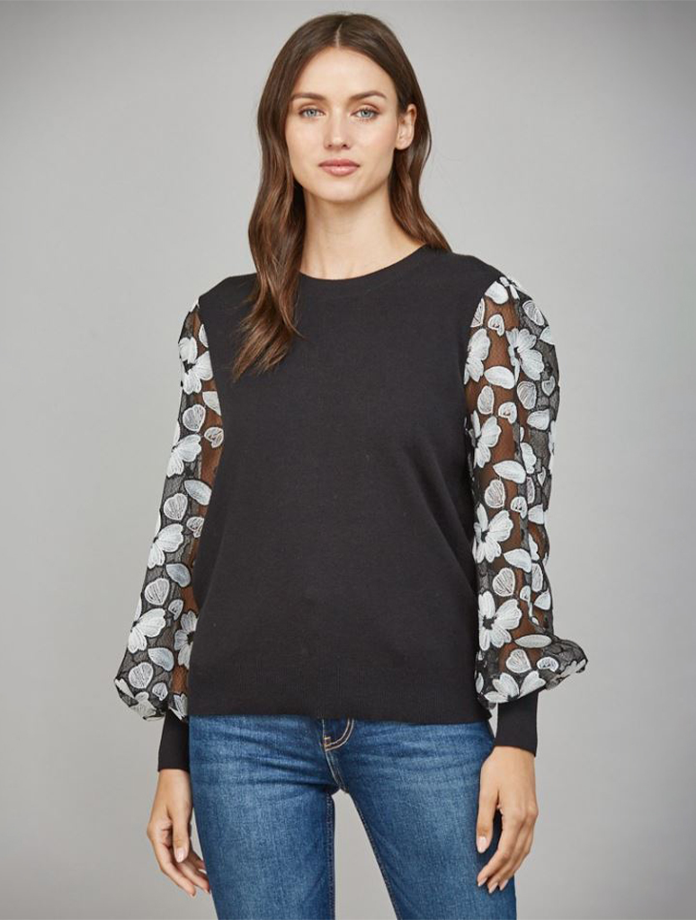 Contrast Embroidered Sleeve Crew Neck Sweater