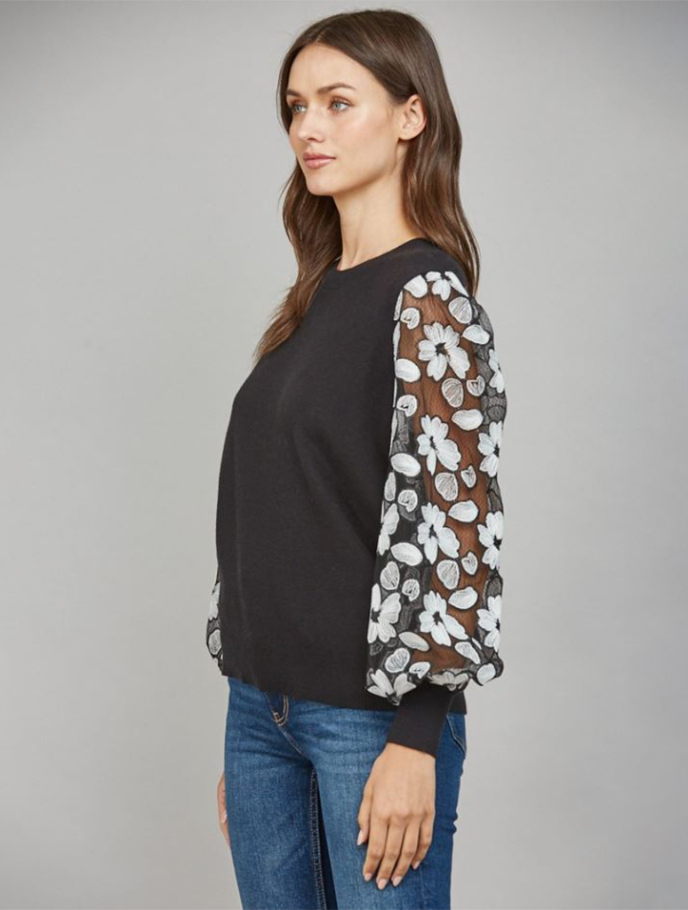 Contrast Embroidered Sleeve Crew Neck Sweater