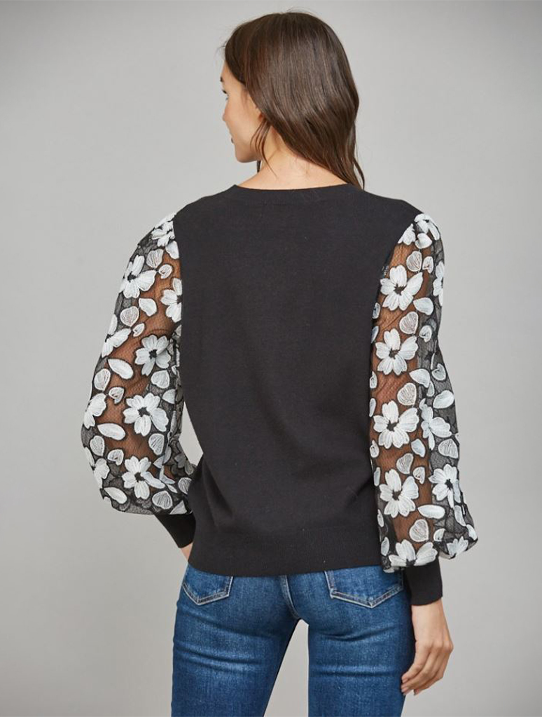 Contrast Embroidered Sleeve Crew Neck Sweater