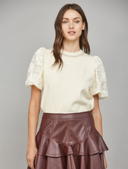 Lace Bubble Short Sleeve Crewneck Sweater