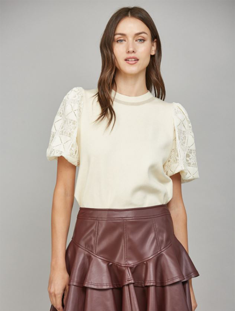 Lace Bubble Short Sleeve Crewneck Sweater