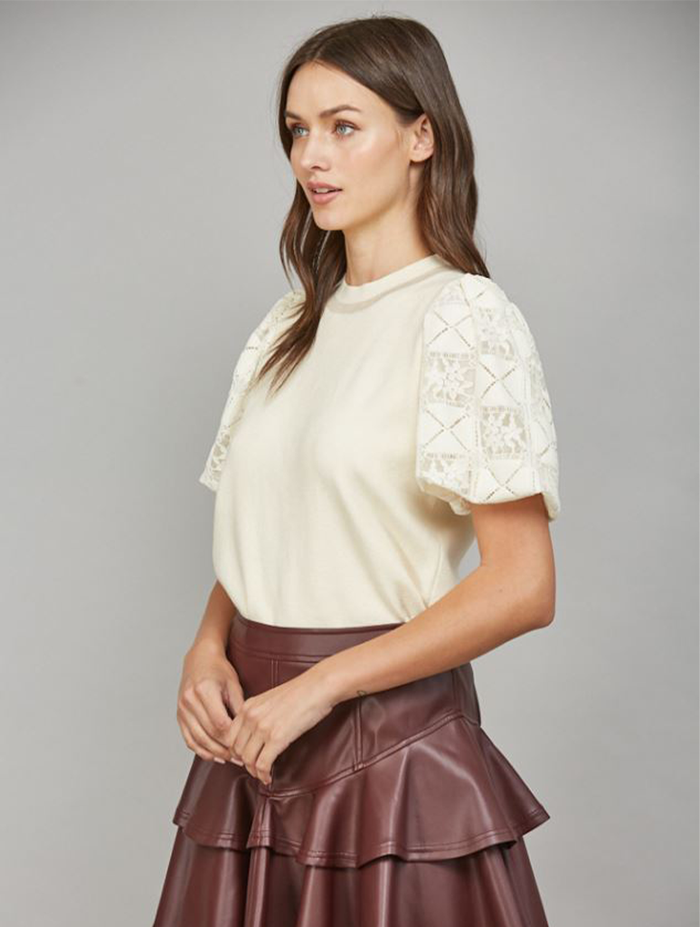 Lace Bubble Short Sleeve Crewneck Sweater