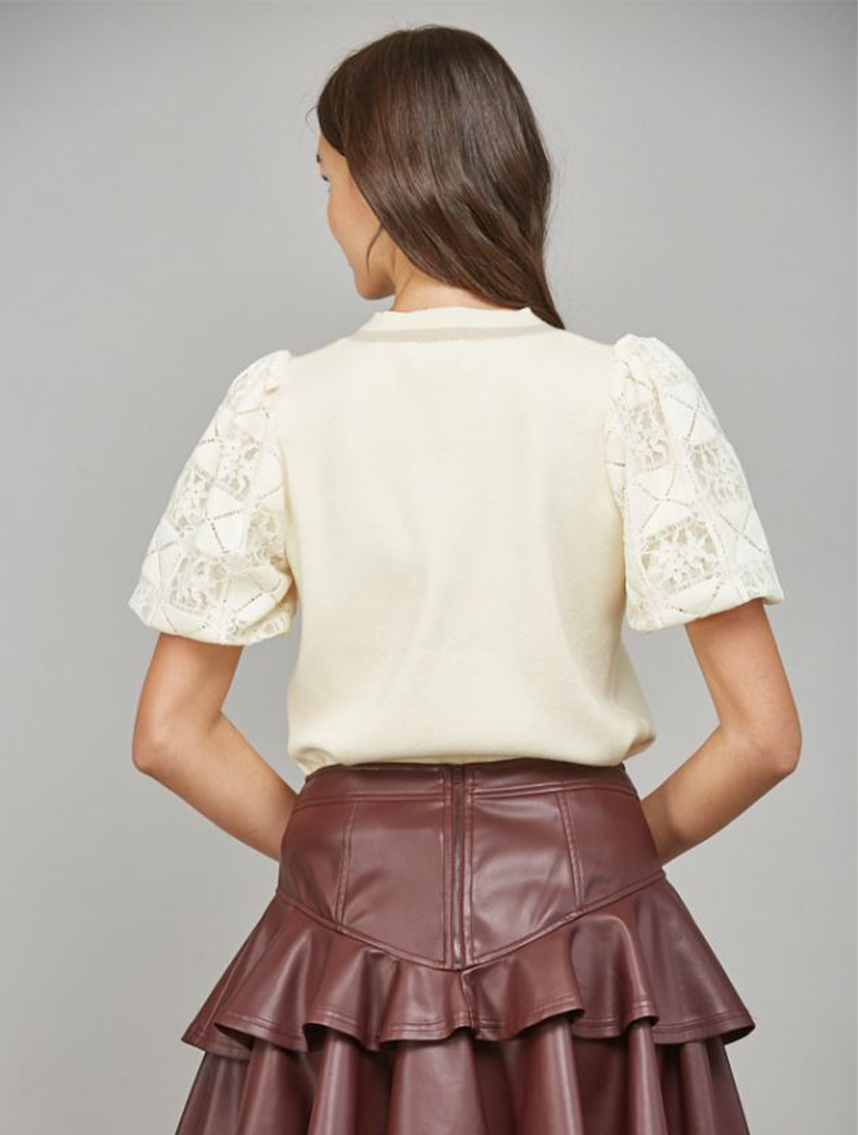 Lace Bubble Short Sleeve Crewneck Sweater