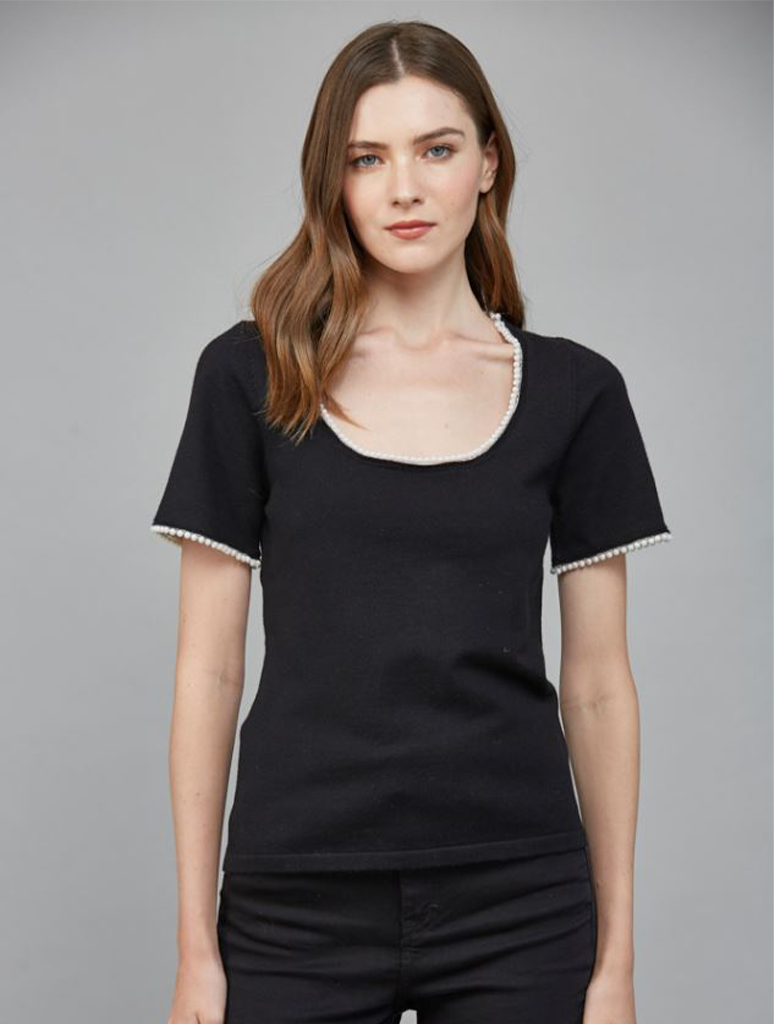 Pearl Trim Detail Scoop Neckline Sweater Top