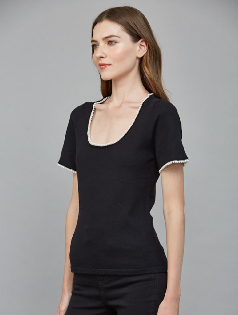 Pearl Trim Detail Scoop Neckline Sweater Top