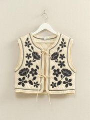 Quilted Floral Embroidered Vest with Tie Front