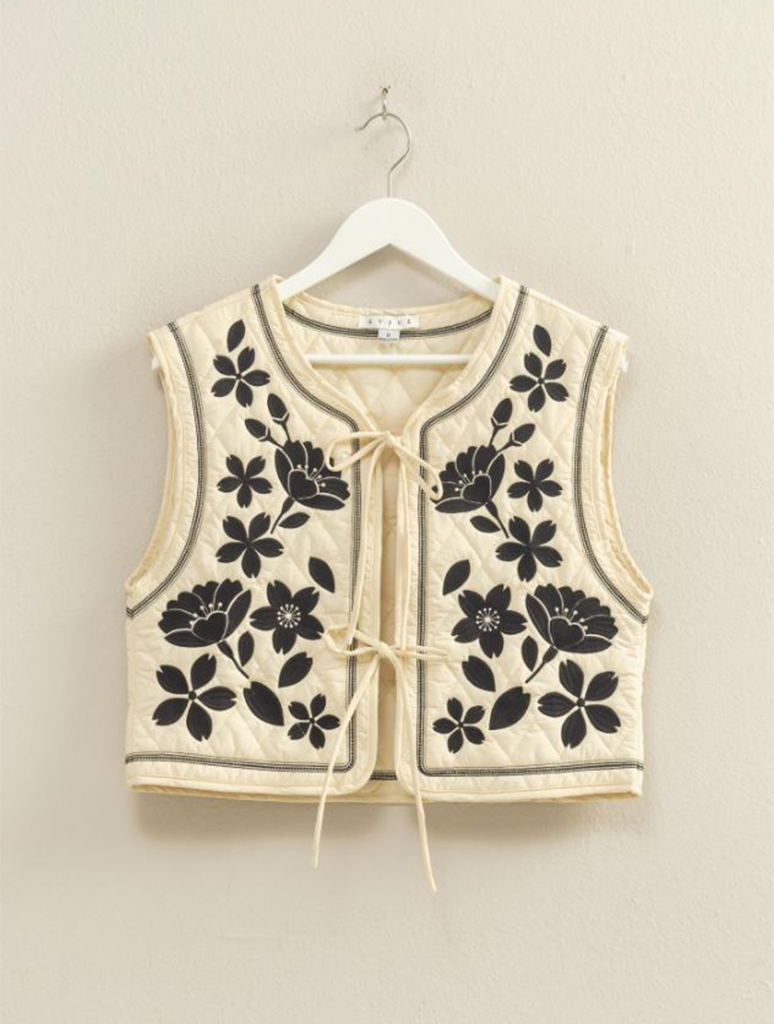 Quilted Floral Embroidered Vest with Tie Front