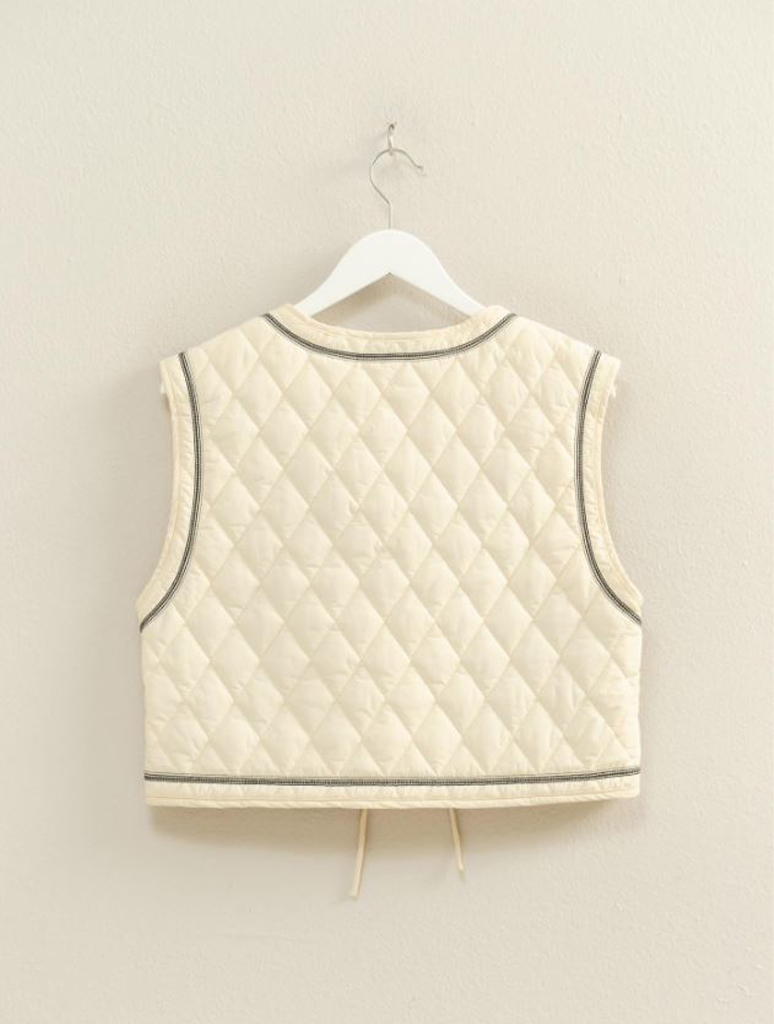 Quilted Floral Embroidered Vest with Tie Front