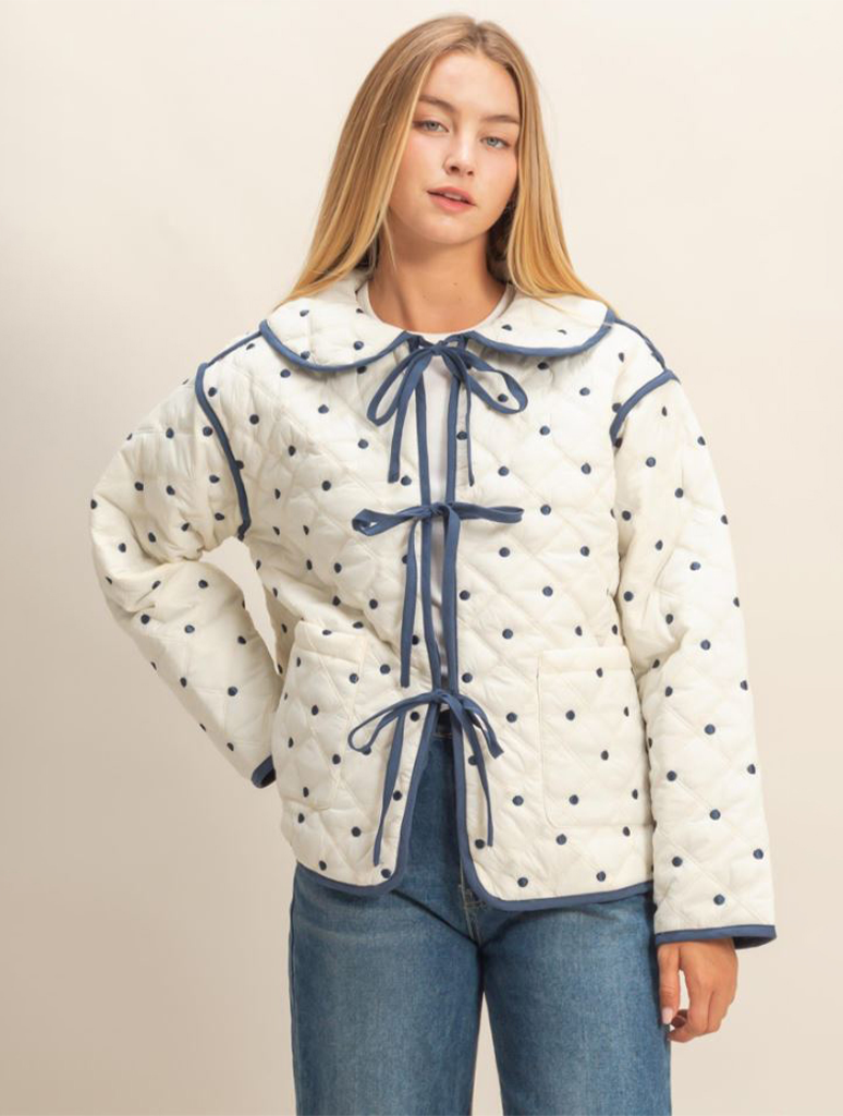 Polka Dot Quilted Front Tie Jacket