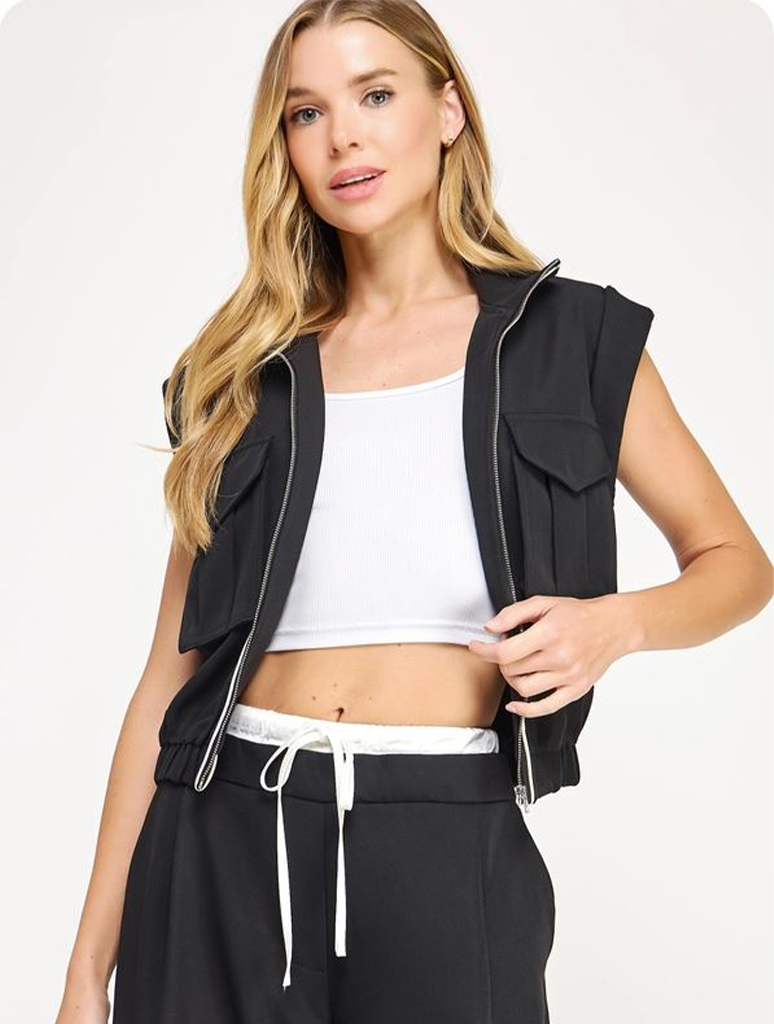 Mock Neck Rolled Upp Piping Detail Vest