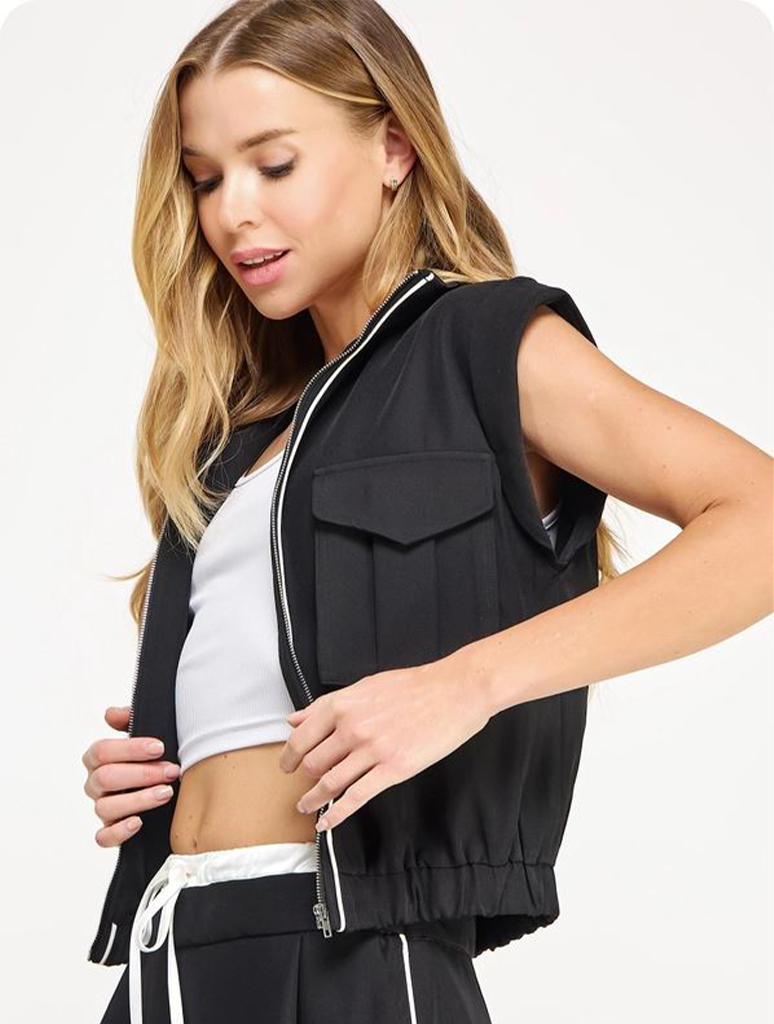 Mock Neck Rolled Upp Piping Detail Vest