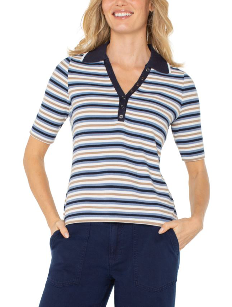 Liverpool Shirred Half Sleeve Collared Henley Knit Top