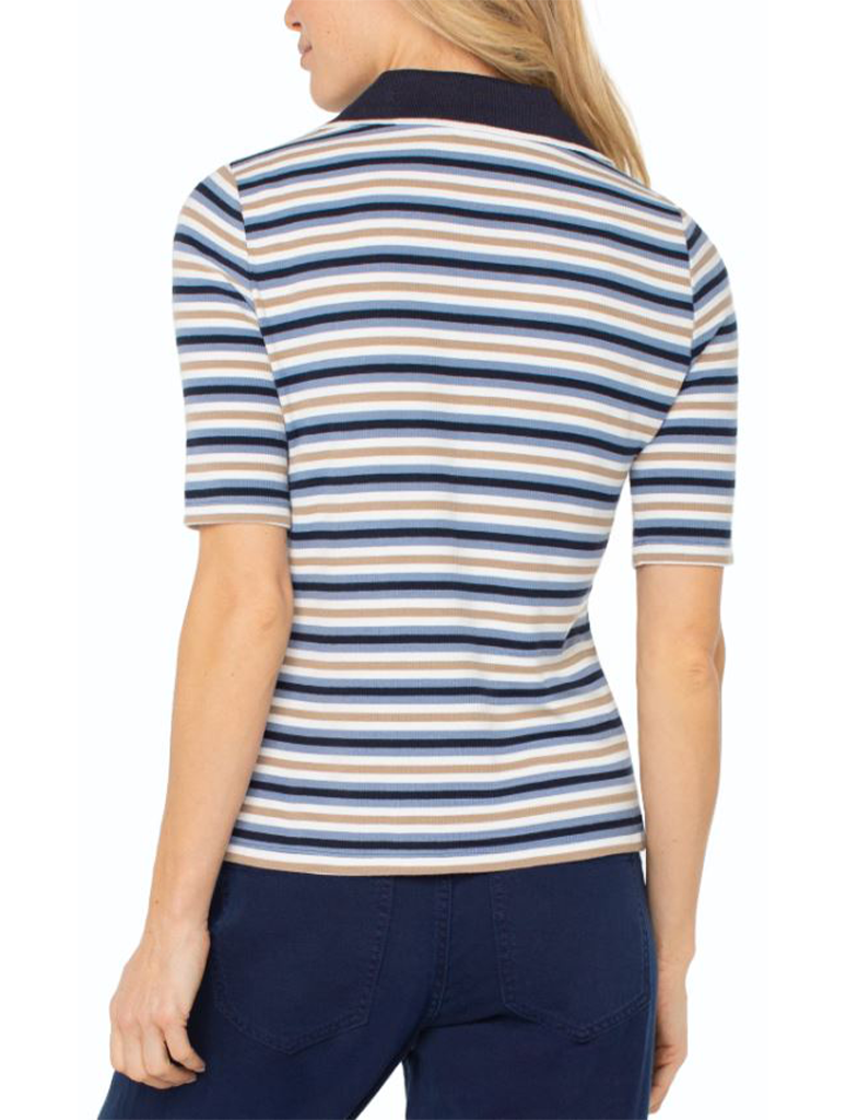 Liverpool Shirred Half Sleeve Collared Henley Knit Top